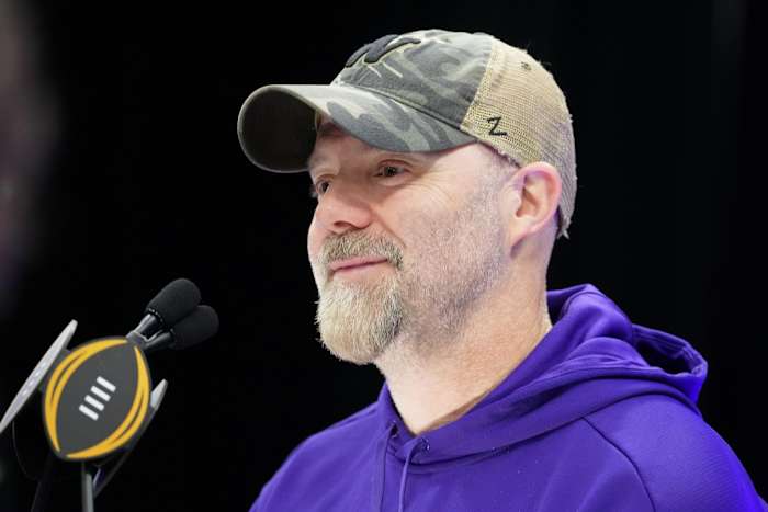 Jan 6, 2024; Houston, TX, USA; Washington Huskies offensive coordinator Ryan Grubb talks to the media during media day before the College Football Playoff national championship game against the Michigan Wolverines at George R Brown Convention Center.